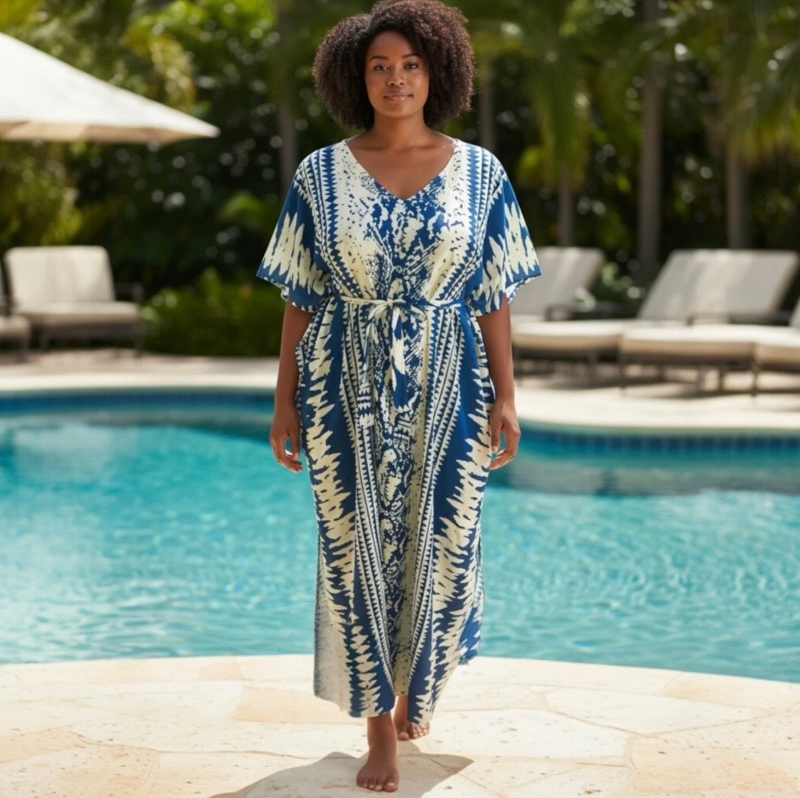 Batik Print Maxi Kaftan | Cobalt Blue & Soft Yellow | Size 16–22