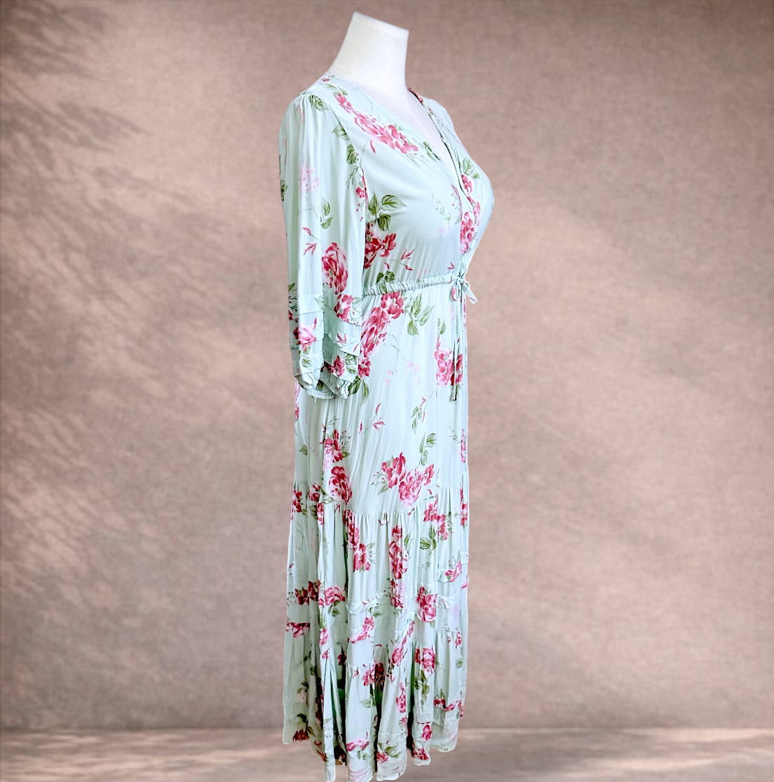Jaase Mint Green Boho Floral Maxi Dress | Size L 14/16
