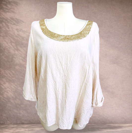 W.Lane Beige Sequin Linen Blend Top | Size 20