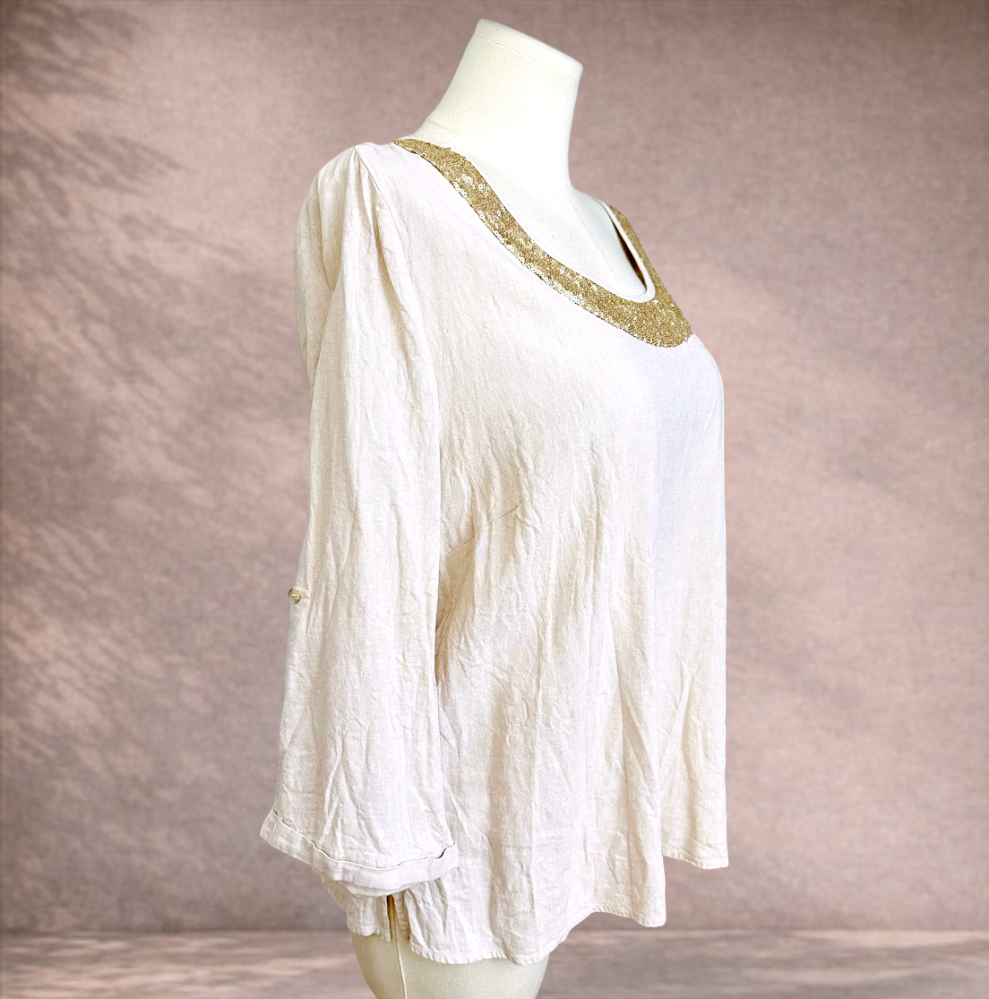 W.Lane Beige Sequin Linen Blend Top | Size 20