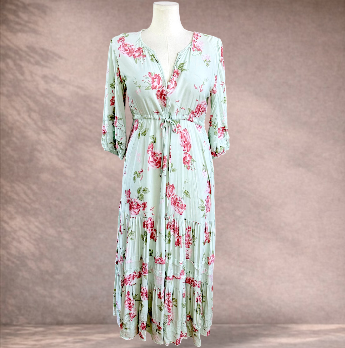 Jaase Mint Green Boho Floral Maxi Dress | Size L 14/16