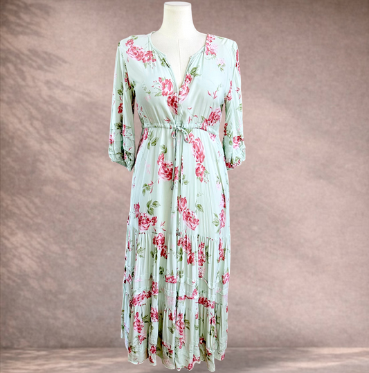 Jaase Mint Green Boho Floral Maxi Dress | Size L 14/16