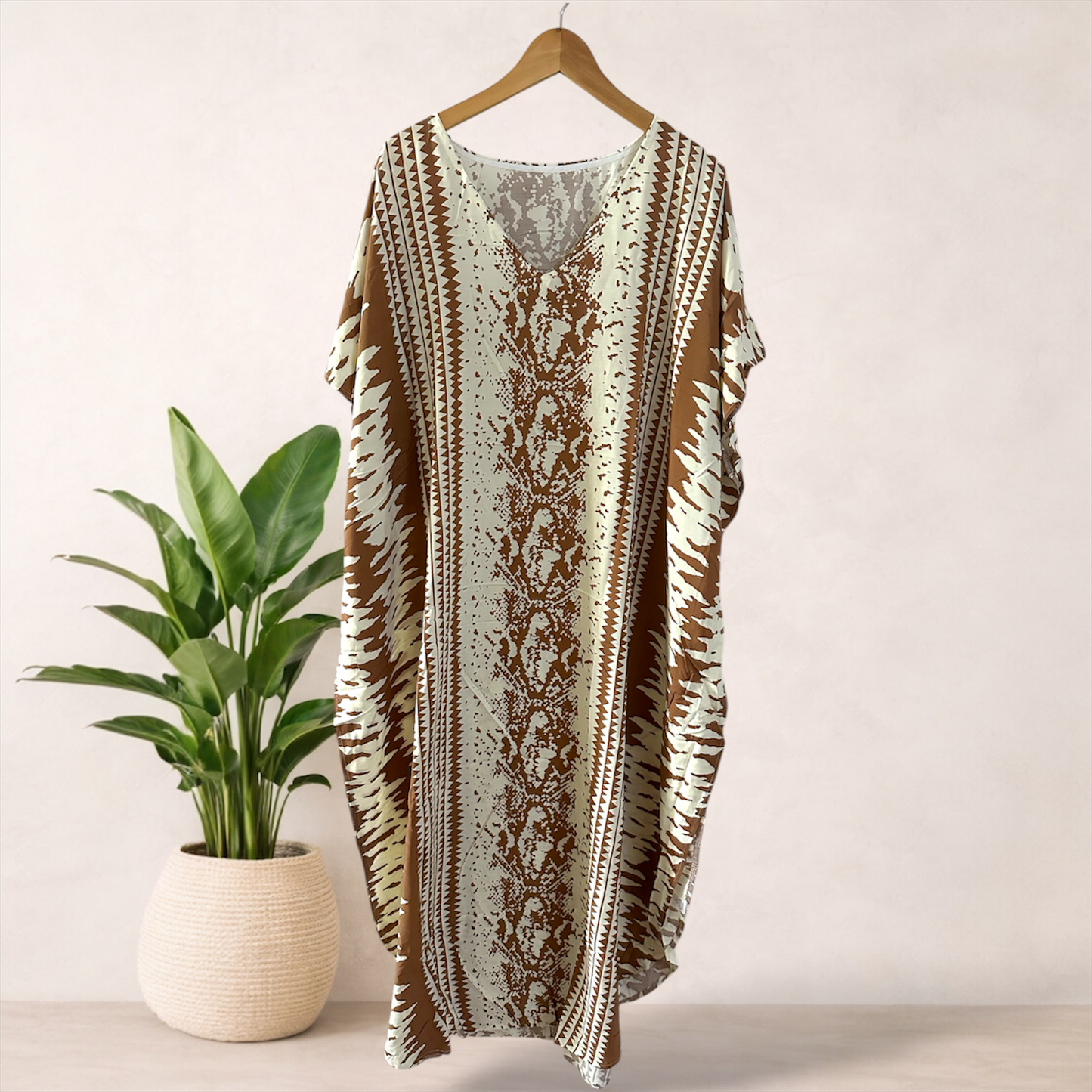 Batik Print Maxi Kaftan | Mocha Brown & Cream | Size 16–22