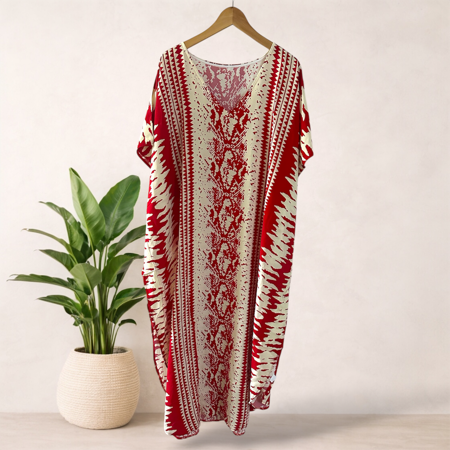 Batik Print Maxi Kaftan | Red & Soft Cream | Size 16–22