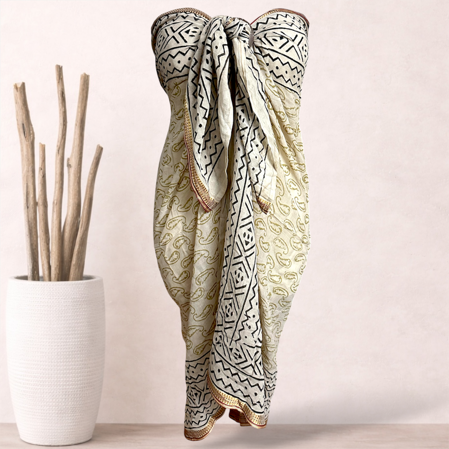 Anaya Kalamkari Sarong | Cotton Voile | Vintage Silk Trim