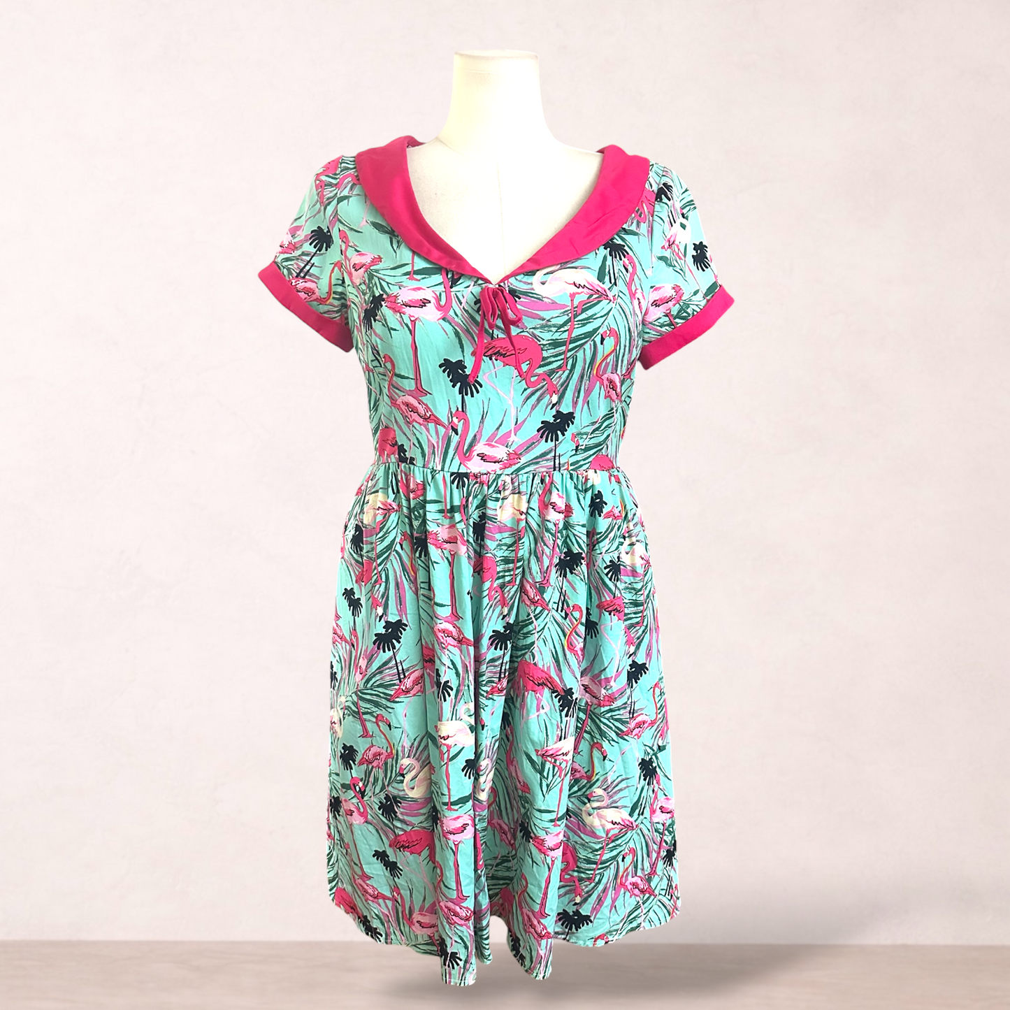 Banned Retro Green Flamingo Print Pin-up Dress | Size XL