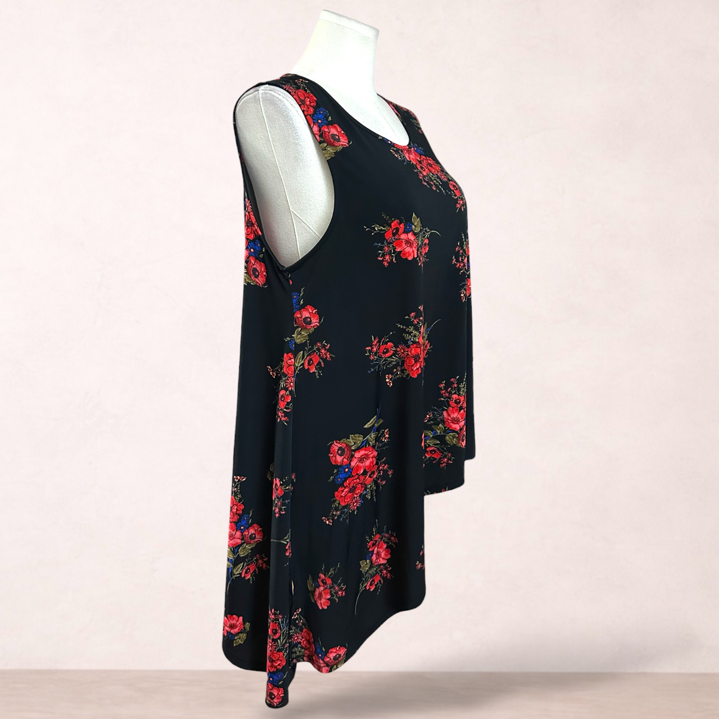 Crossroads Black Floral Asymmetric Hem Tunic Top | Size 18