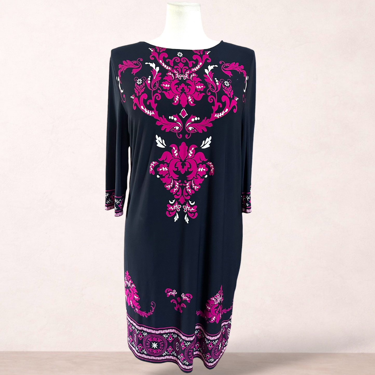 Jacqui E Navy Blue & Pink Shift Dress | Size XL/16