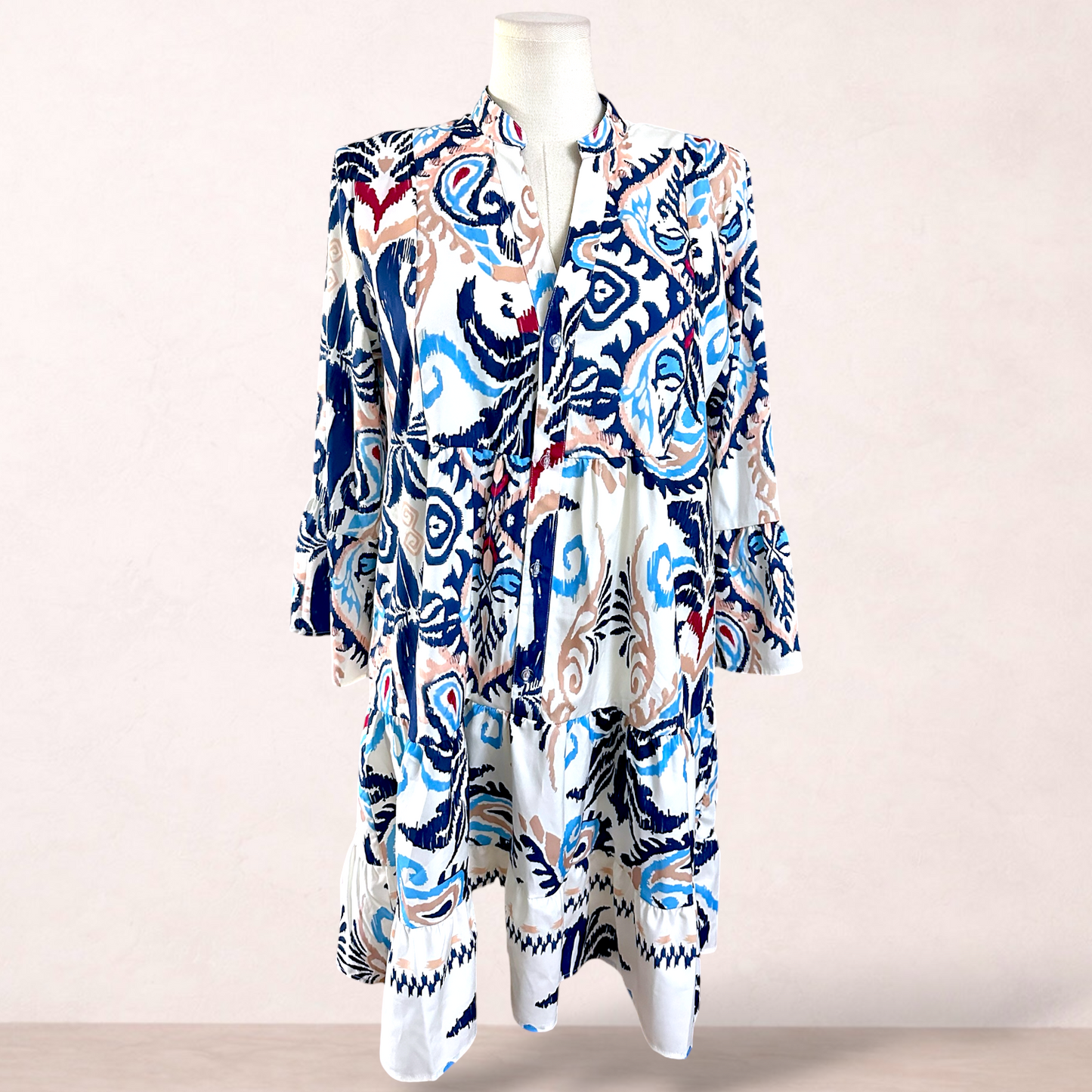 Womens White Blue Print Boho Trapeze Dress | Size XL/16