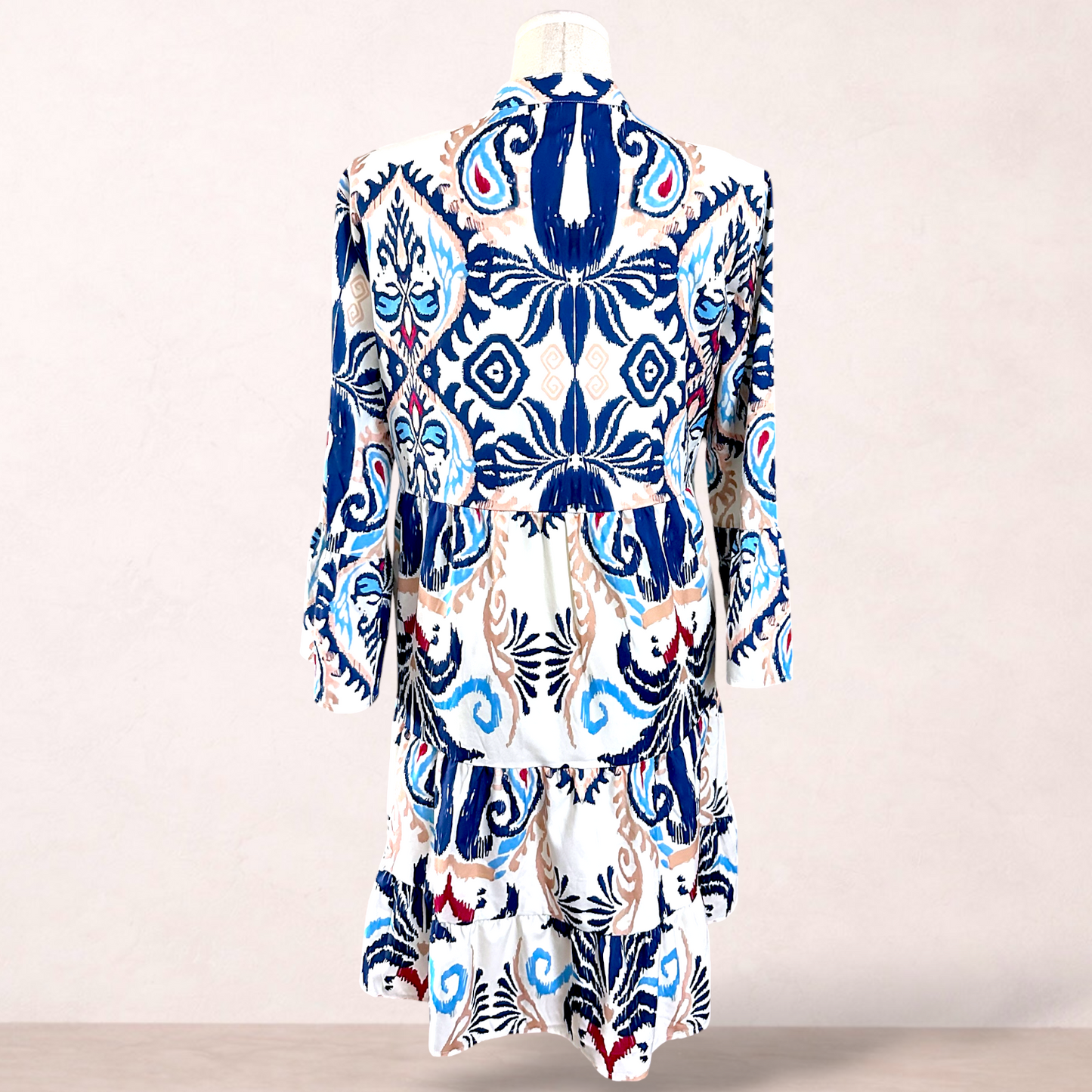Womens White Blue Print Boho Trapeze Dress | Size XL/16