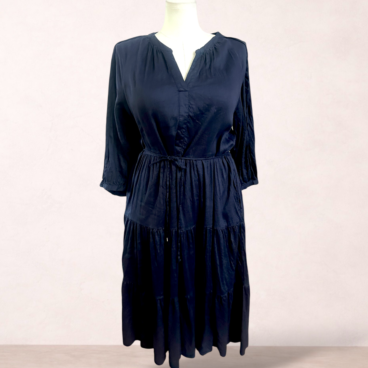 Basque Navy Blue Linen Blend Midi Dress | Size 18