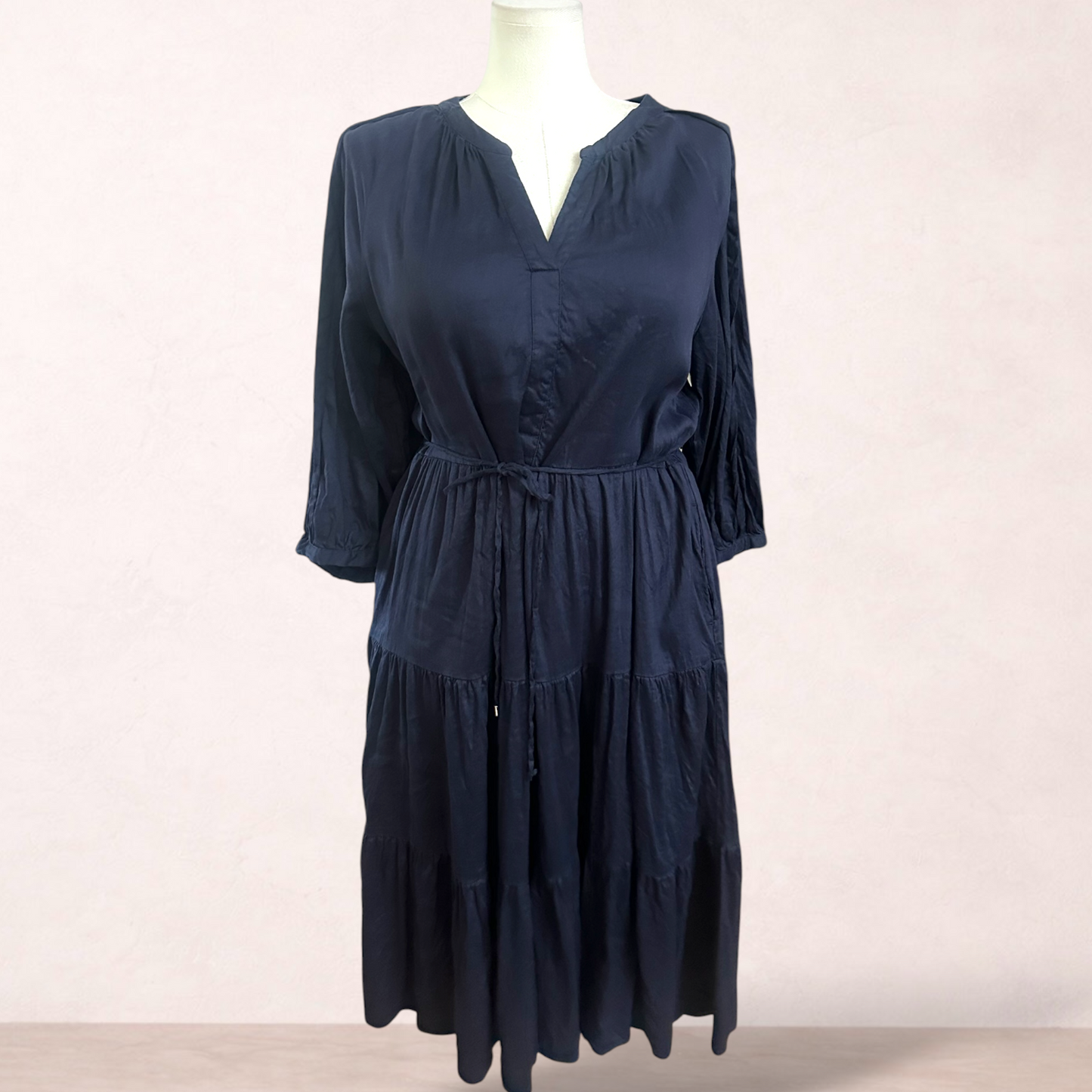 Basque Navy Blue Linen Blend Midi Dress | Size 18