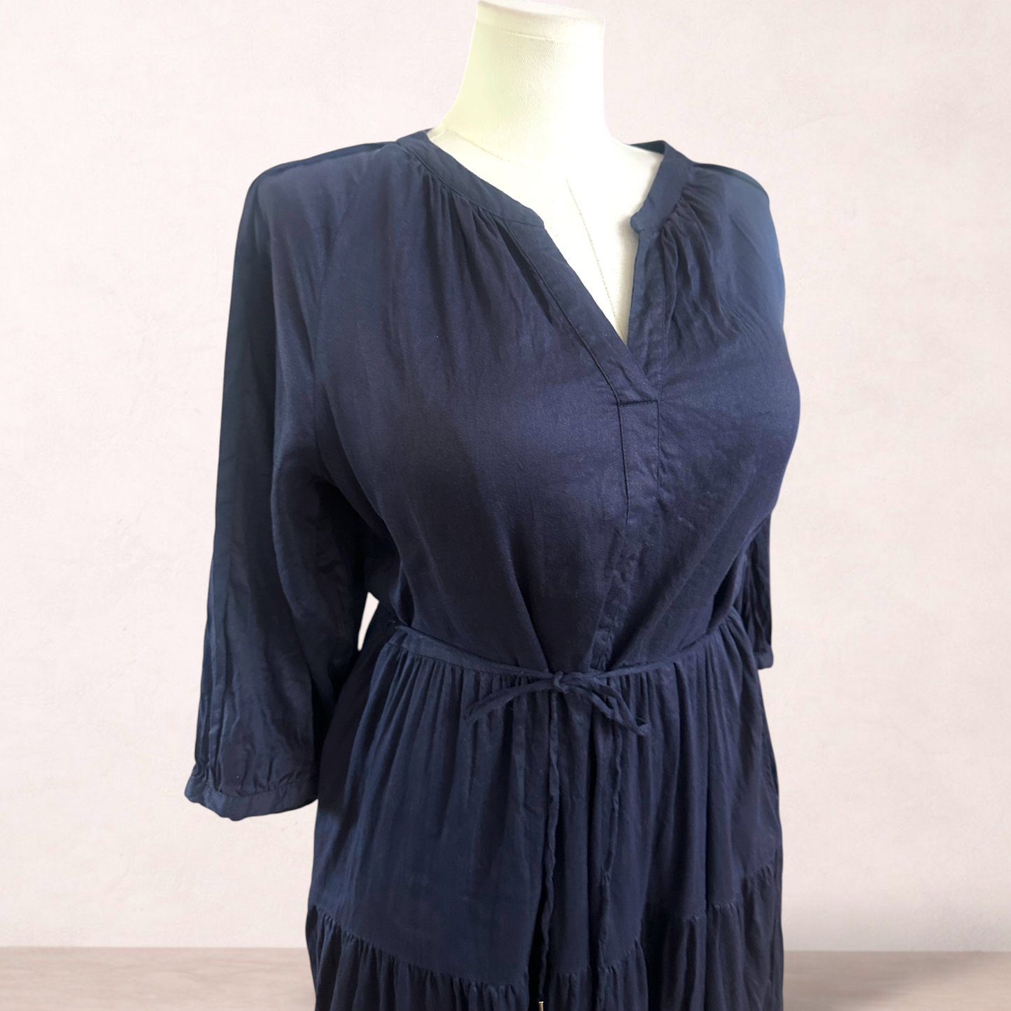 Basque Navy Blue Linen Blend Midi Dress | Size 18