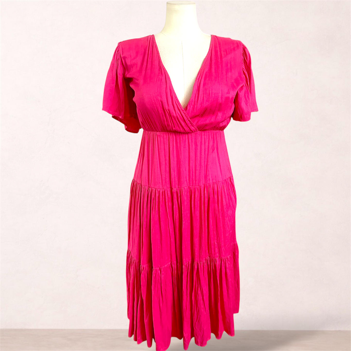 Showpo Pink Tiered Midi Dress | Size 16