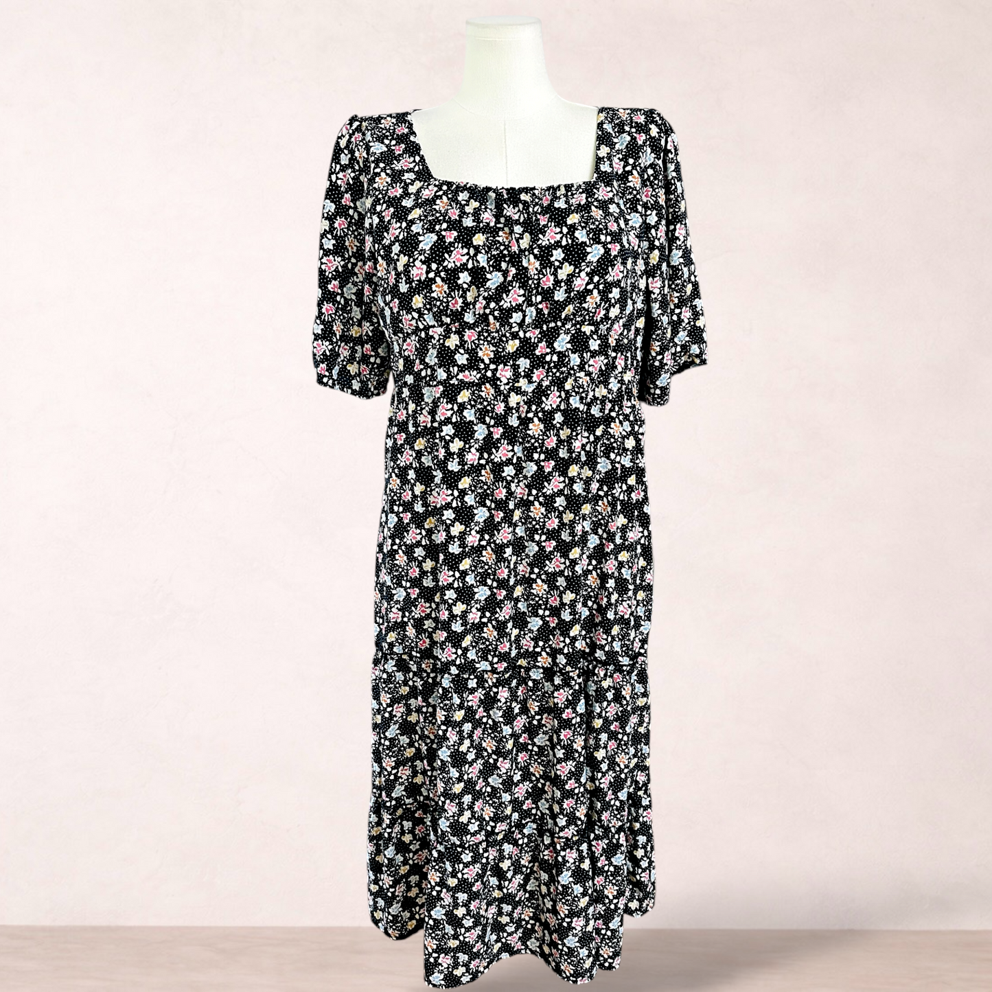 Silver Wishes Black Midi Floral Dress | Size 18