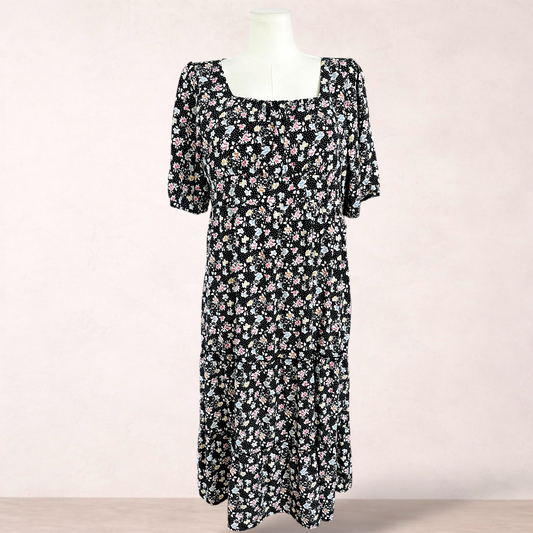 Silver Wishes Black Midi Floral Dress | Size 18