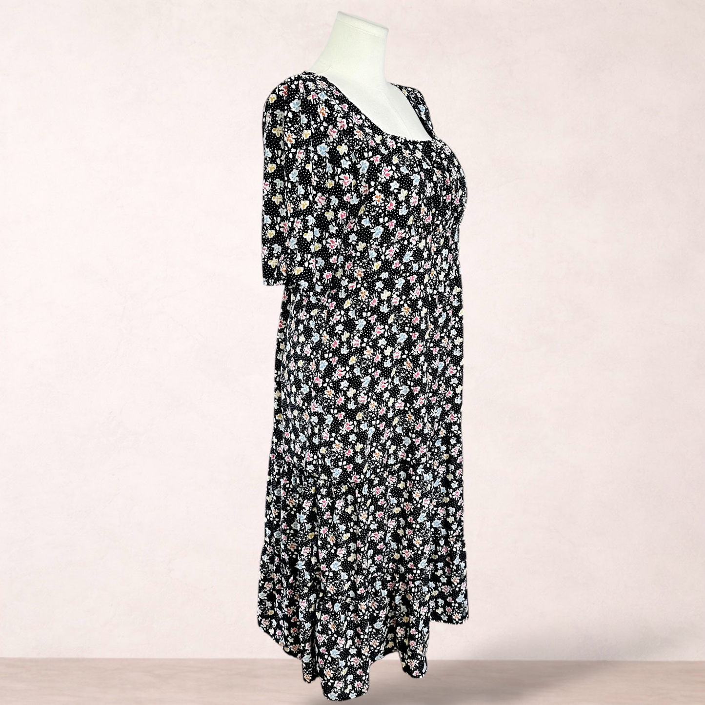Silver Wishes Black Midi Floral Dress | Size 18