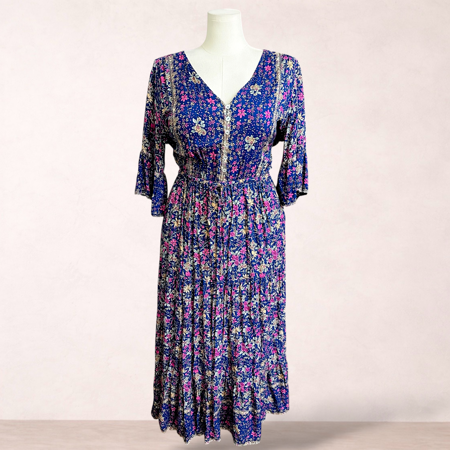 Salty Crush Blue Boho Floral Maxi Dress | Size 16