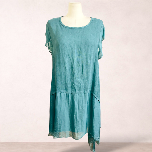The Italian Closet Linen Silk Green Shift Dress | Size 16/18