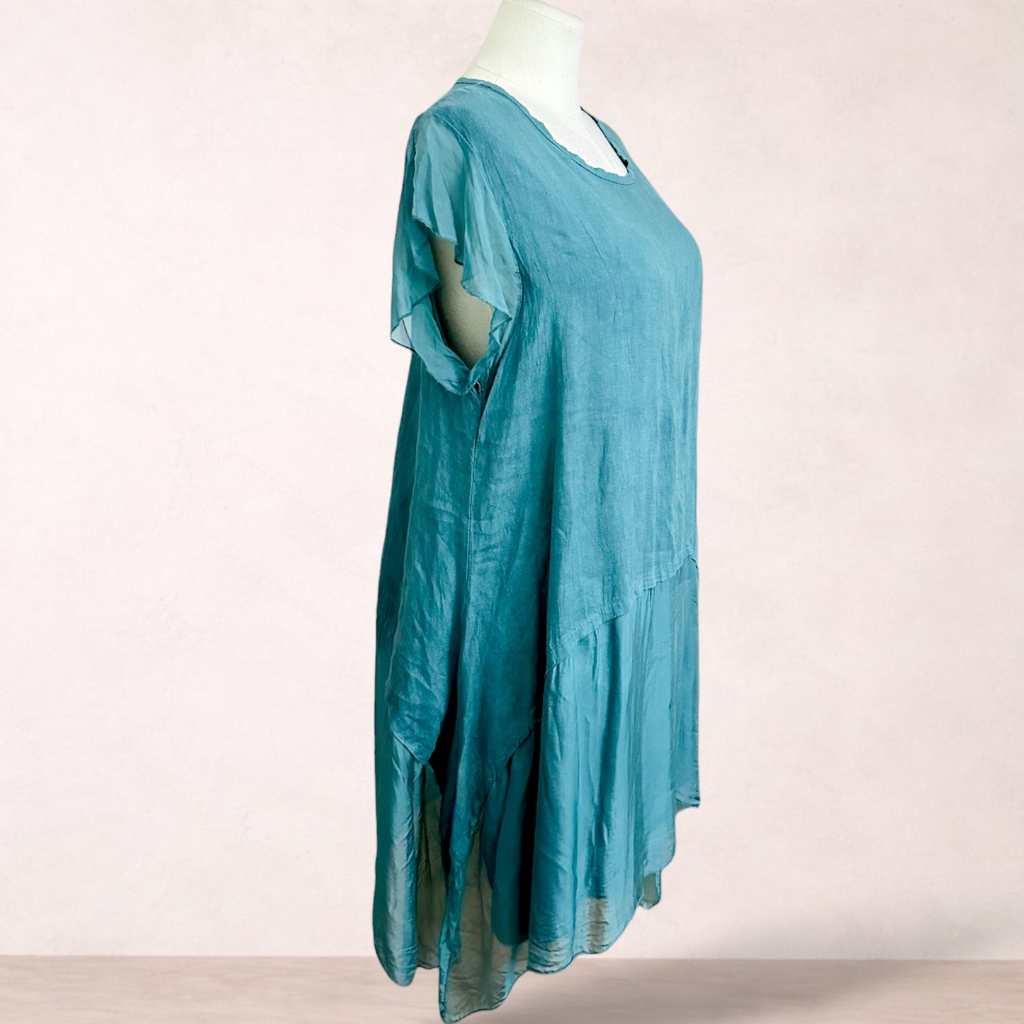 The Italian Closet Linen Silk Green Shift Dress | Size 16/18