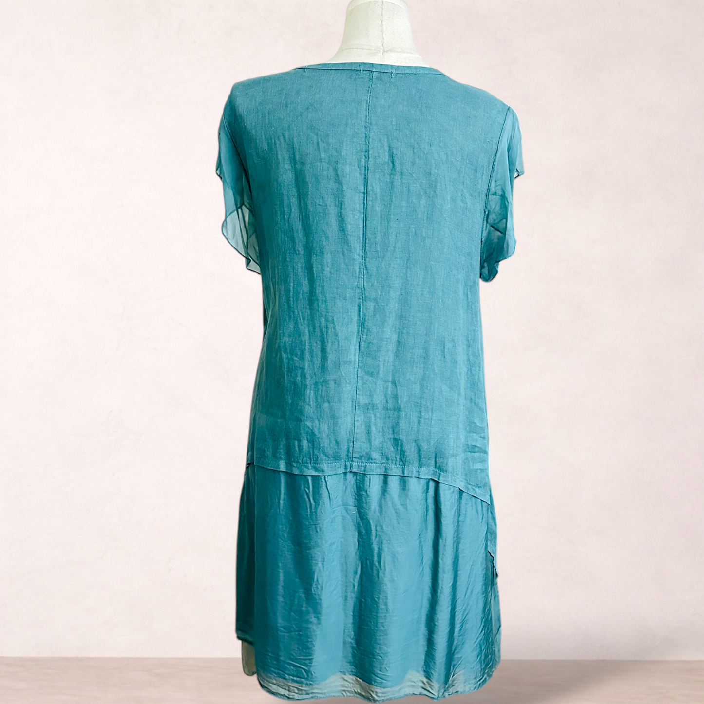 The Italian Closet Linen Silk Green Shift Dress | Size 16/18