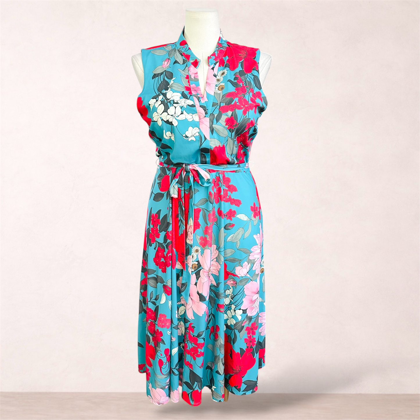 Leona Edmiston Turquoise Floral Midi Dress | Size 16