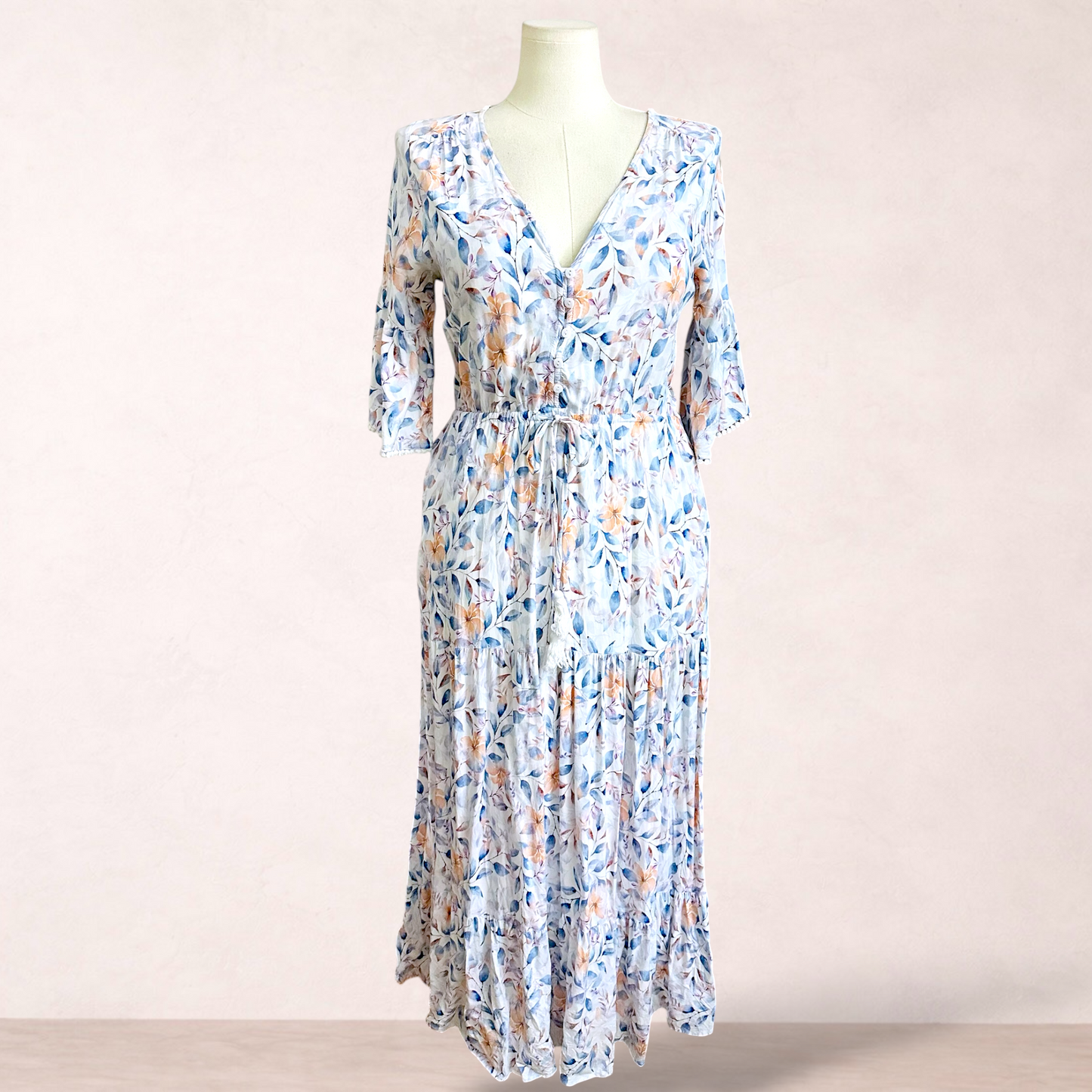 Miracle White Floral Rayon Maxi Dress | Size 16