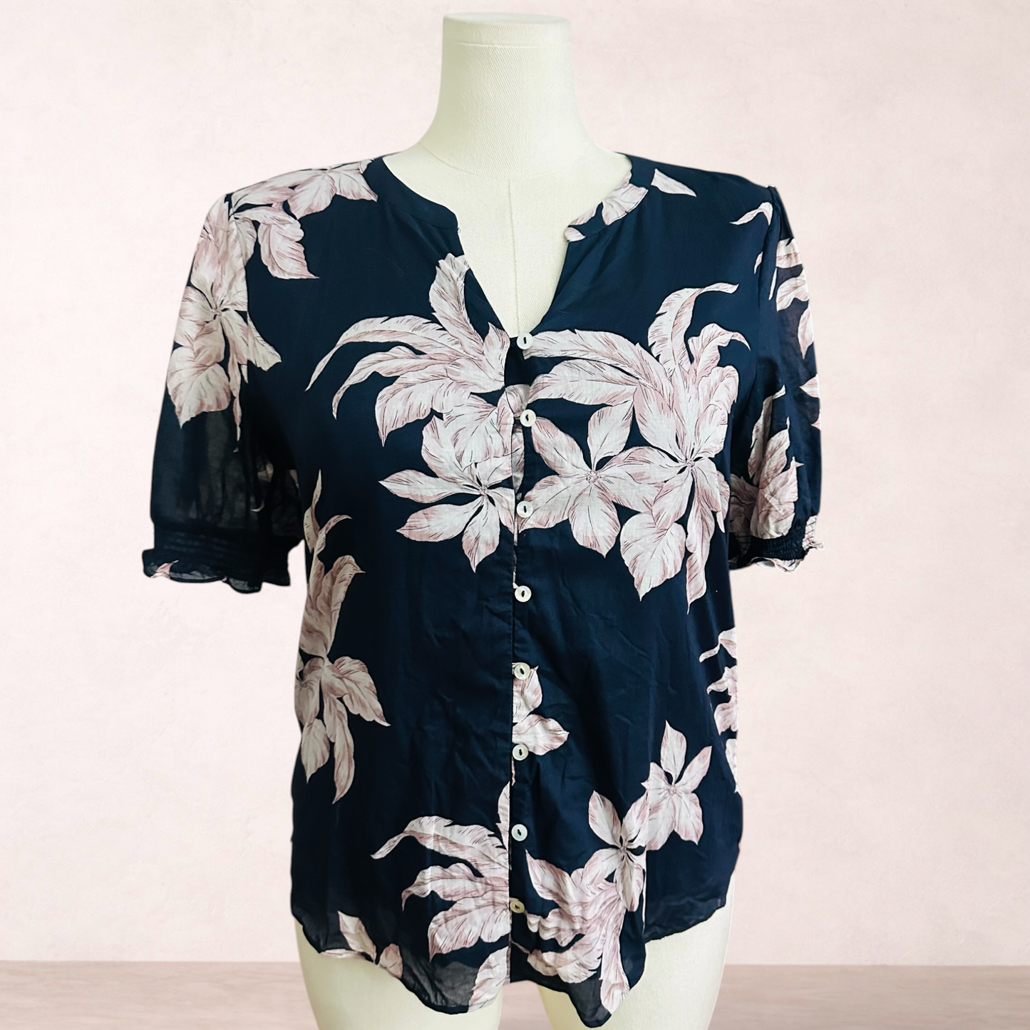 Jacqui E Navy Floral Cotton Blouse | Size 14