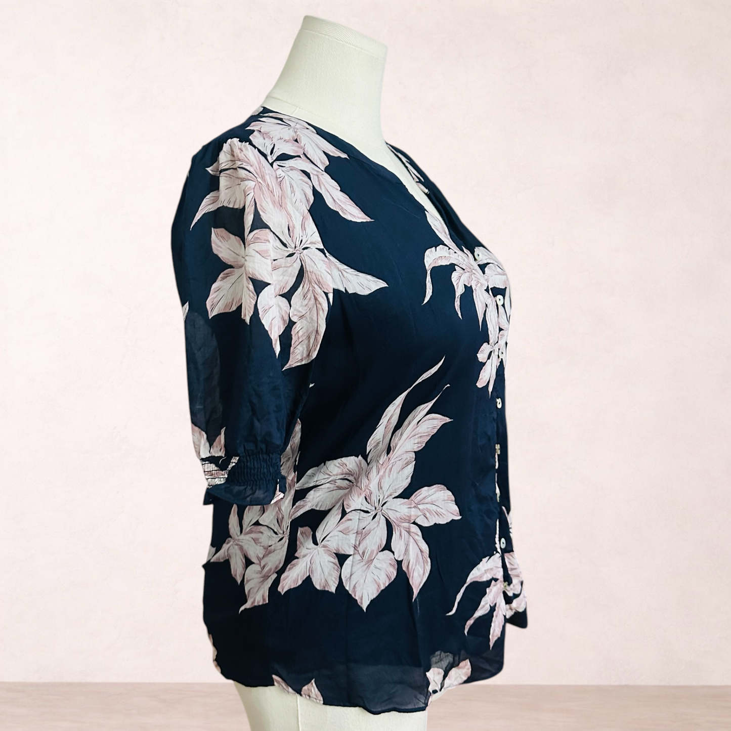 Jacqui E Navy Floral Cotton Blouse | Size 14
