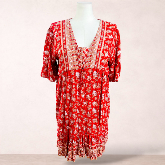Red Boho Floral Bali Dress One Size