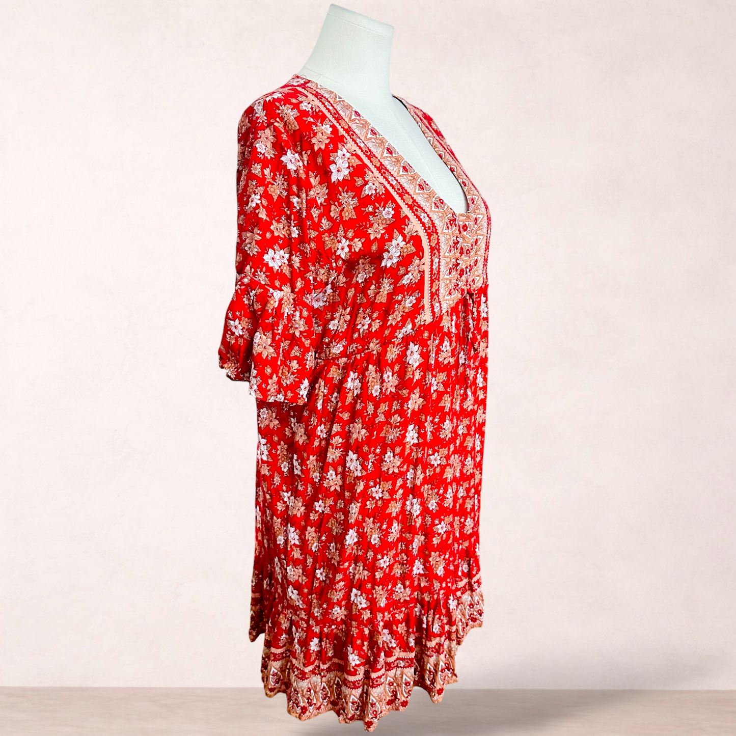 Red Boho Floral Bali Dress One Size