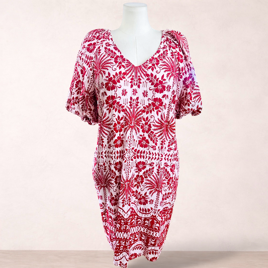 Grae Linen Floral Red & White Boho Dress | Size 16