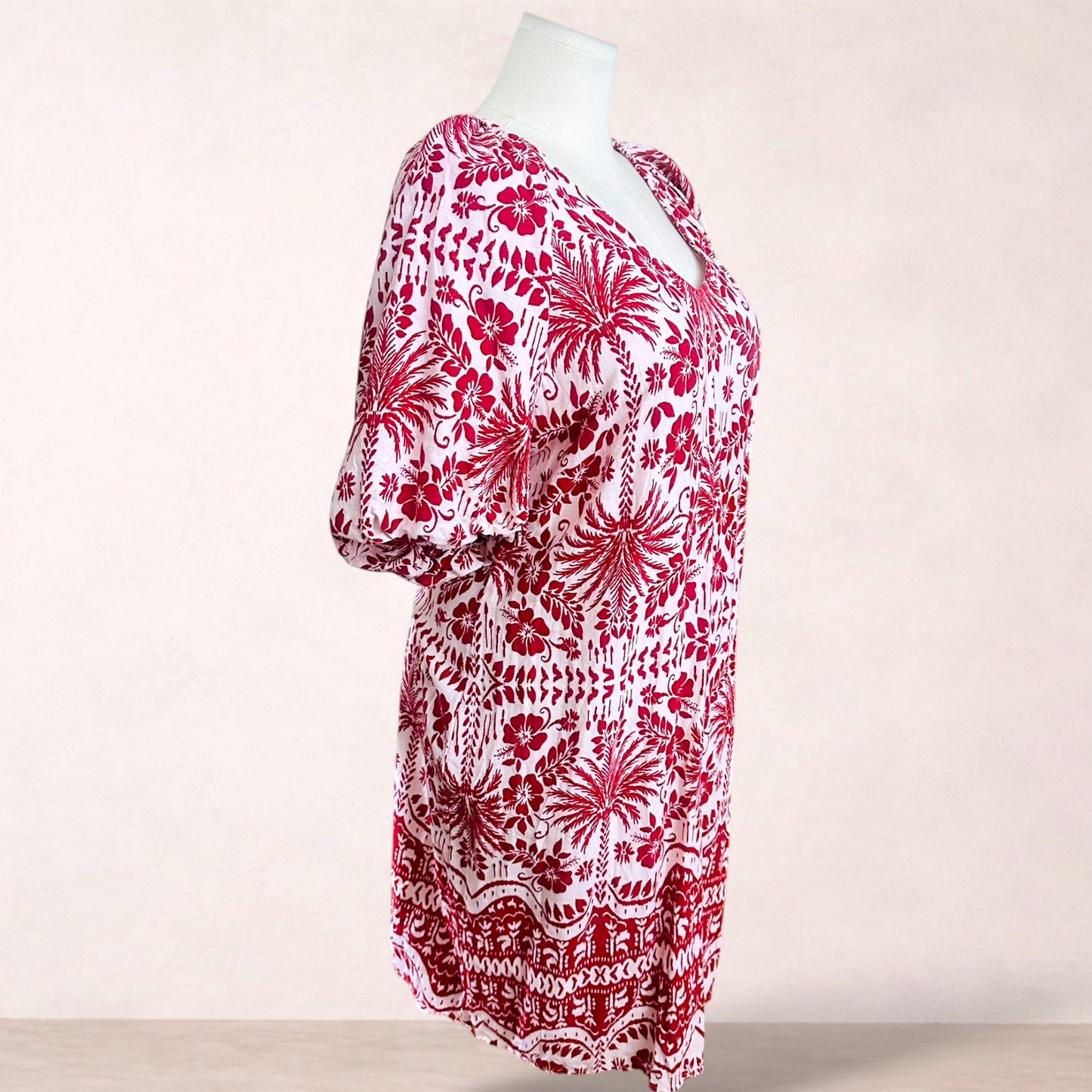 Grae Linen Floral Red & White Boho Dress | Size 16