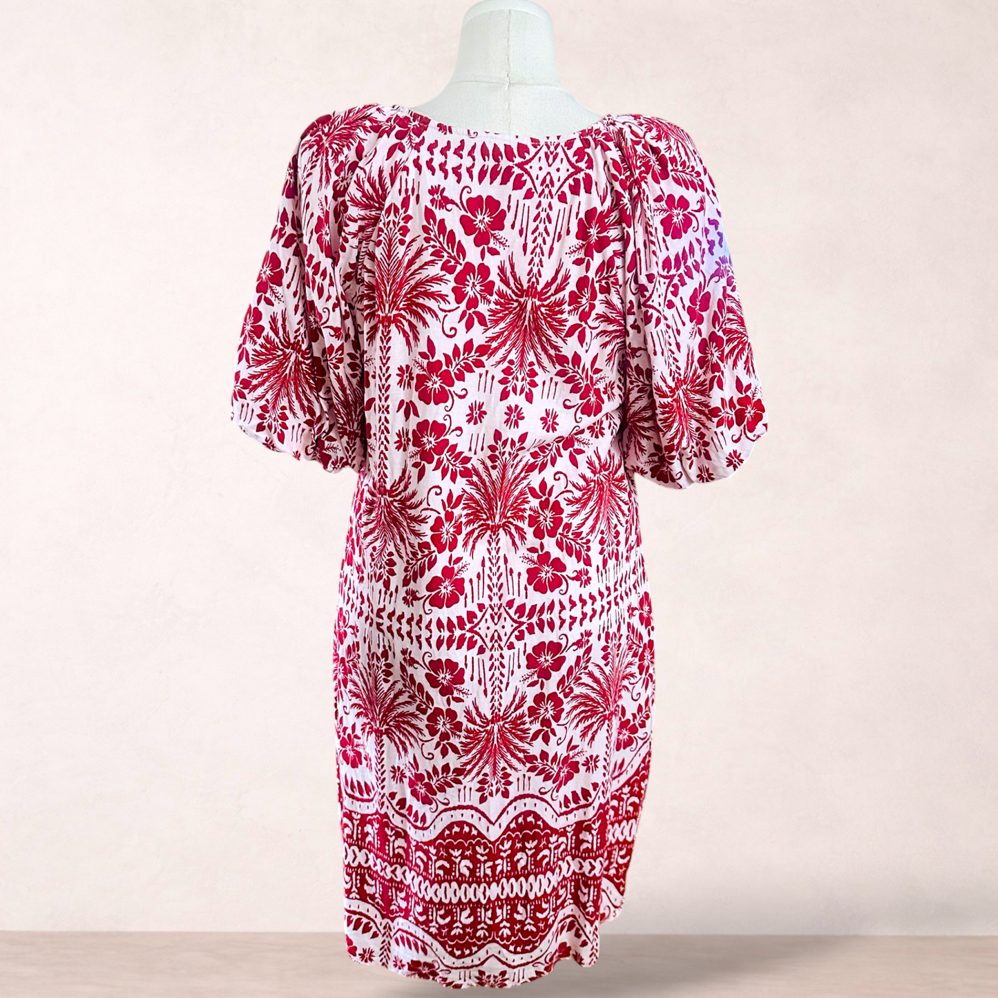 Grae Linen Floral Red & White Boho Dress | Size 16