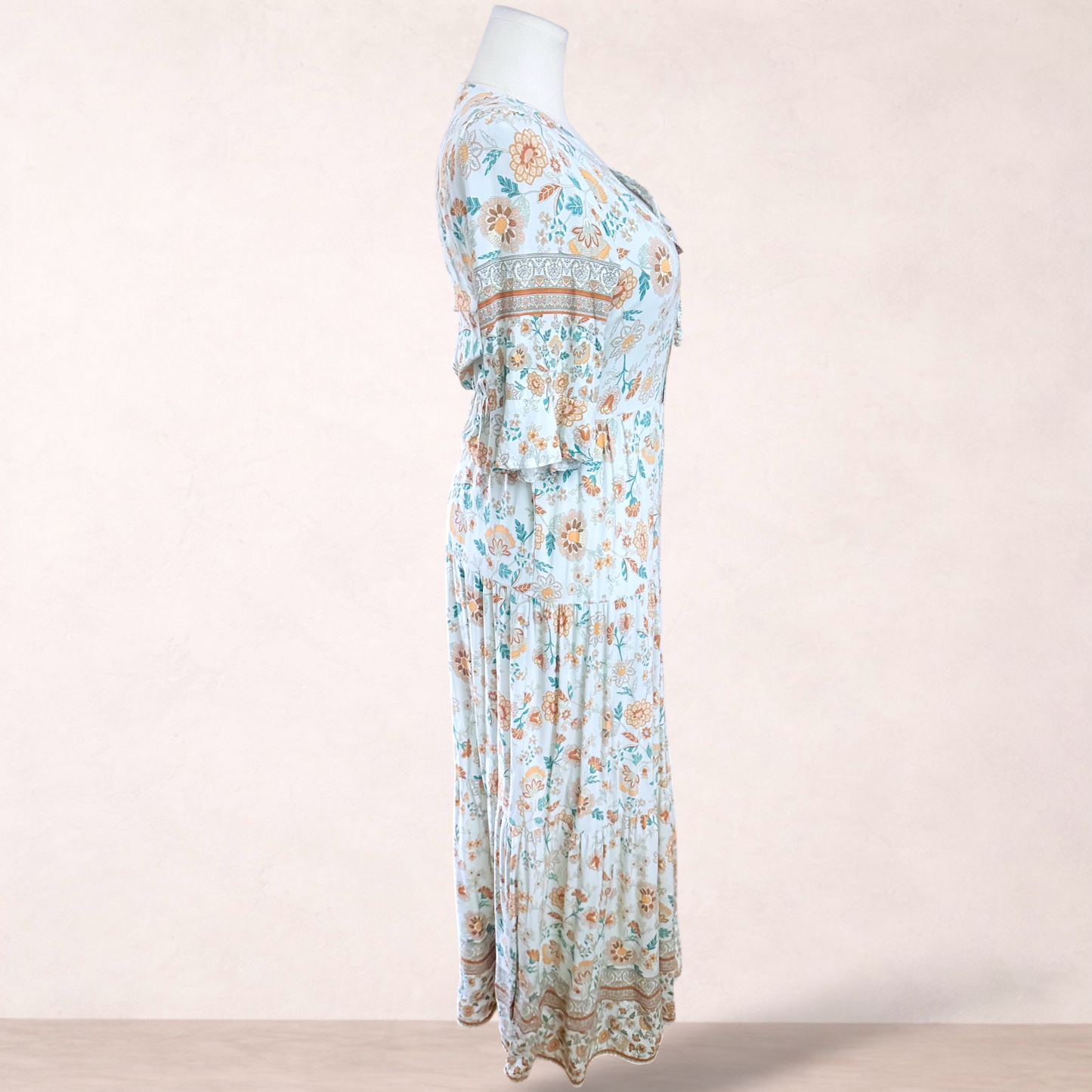 Silver Wishes Green Floral Boho Maxi Dress | Size 16