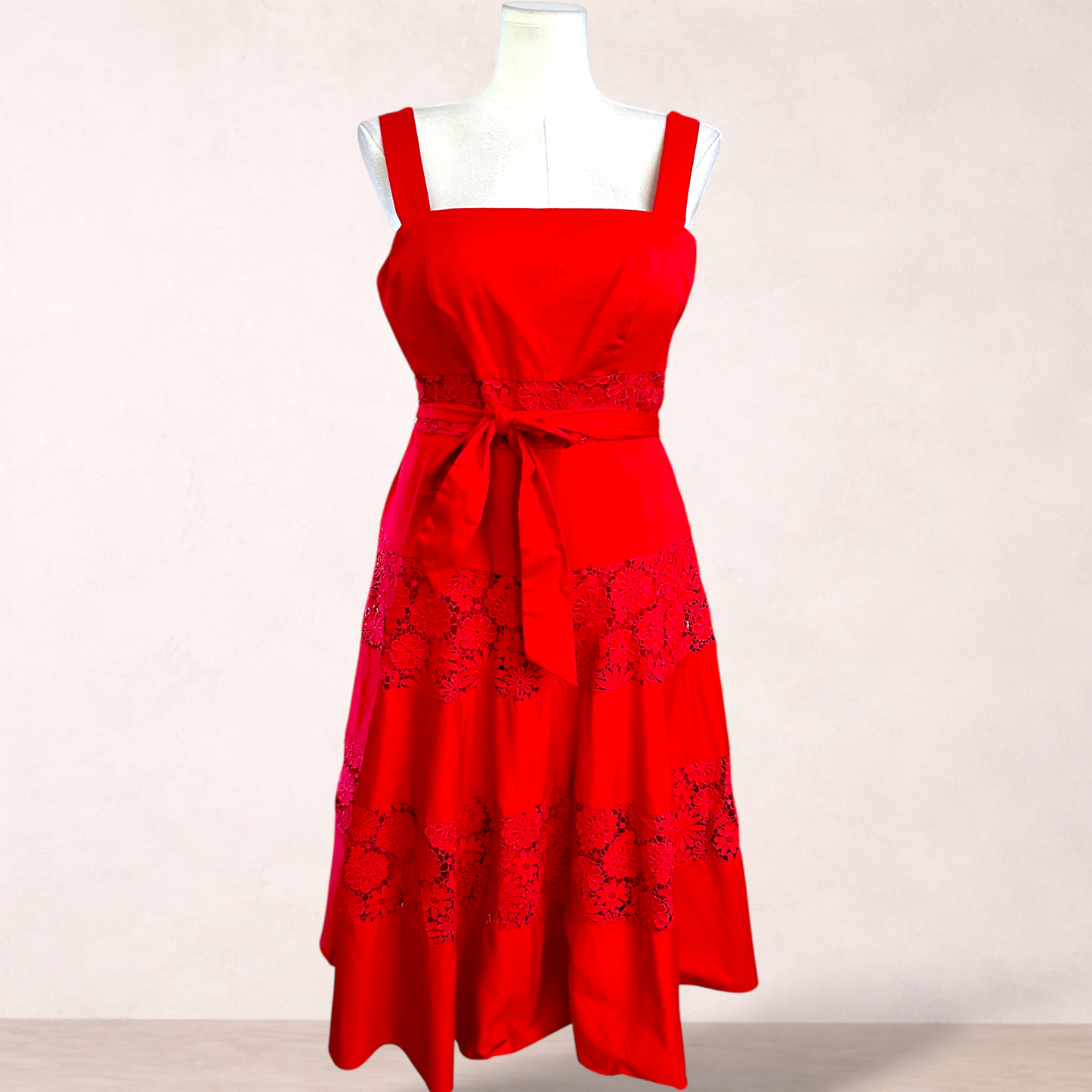 Portmans Red Lace Panel Midi Dress | Size 16