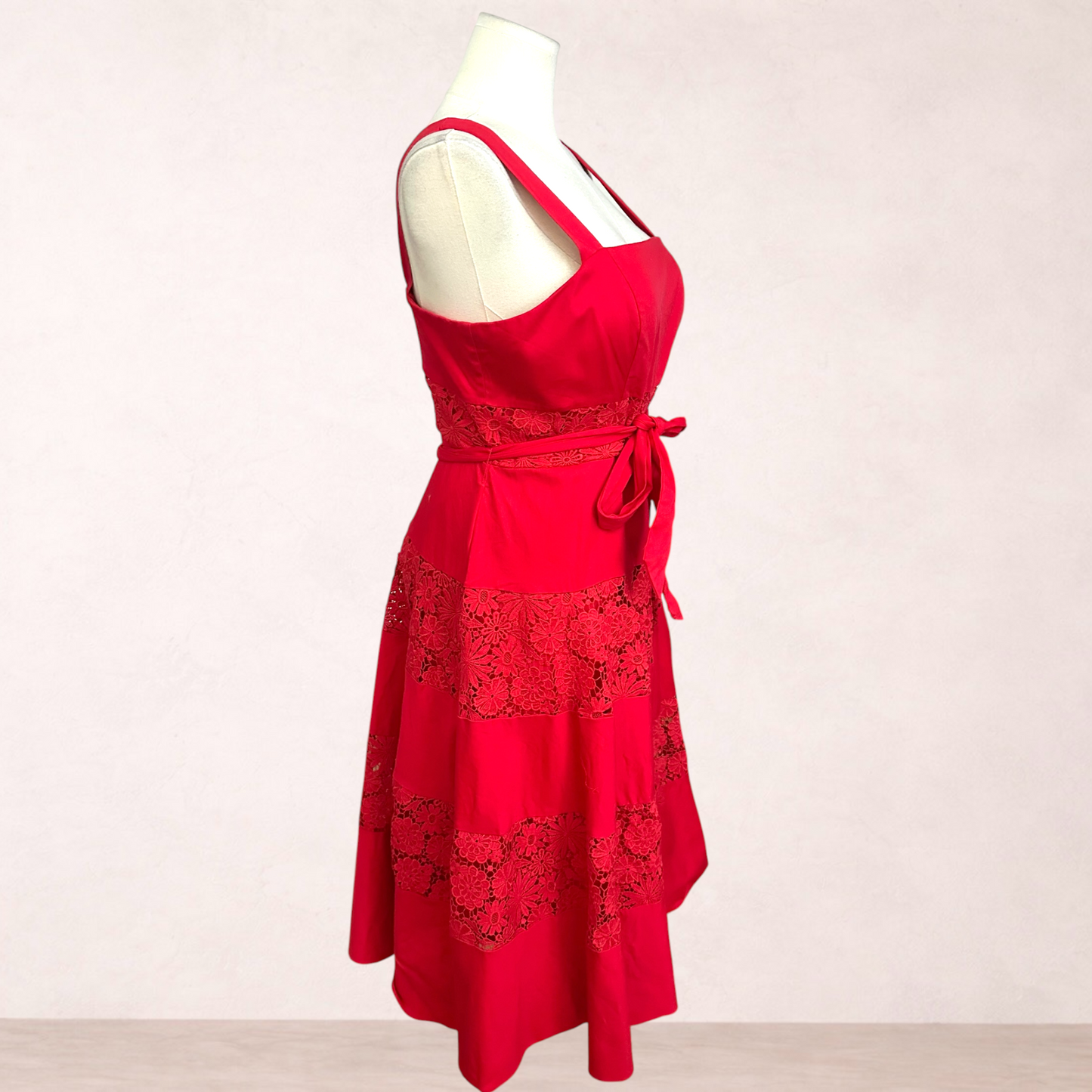 Portmans Red Lace Panel Midi Dress | Size 16
