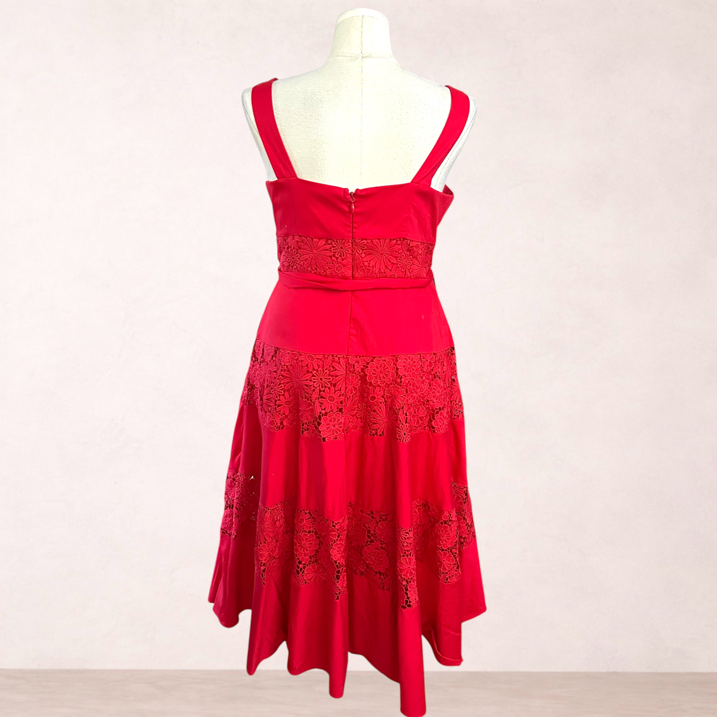 Portmans Red Lace Panel Midi Dress | Size 16