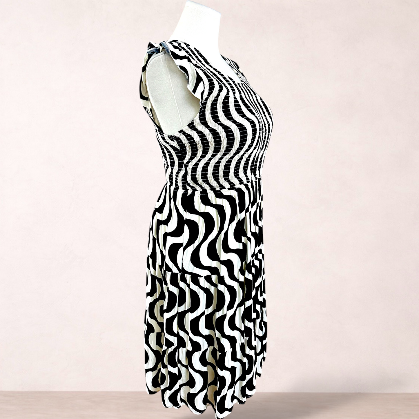 Henry Oscar Black & Cream Print Rayon Dress | Size 18